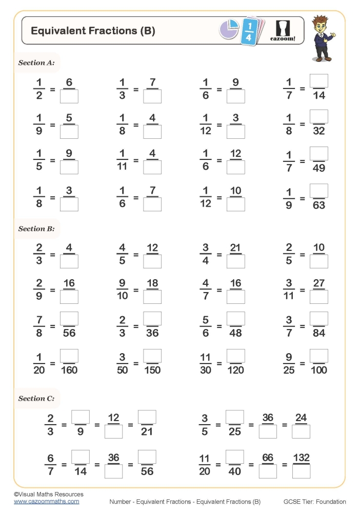 Colorful worksheet for third graders to practice identifying equivalent fractions like 1/2, 2/4, and 3/6