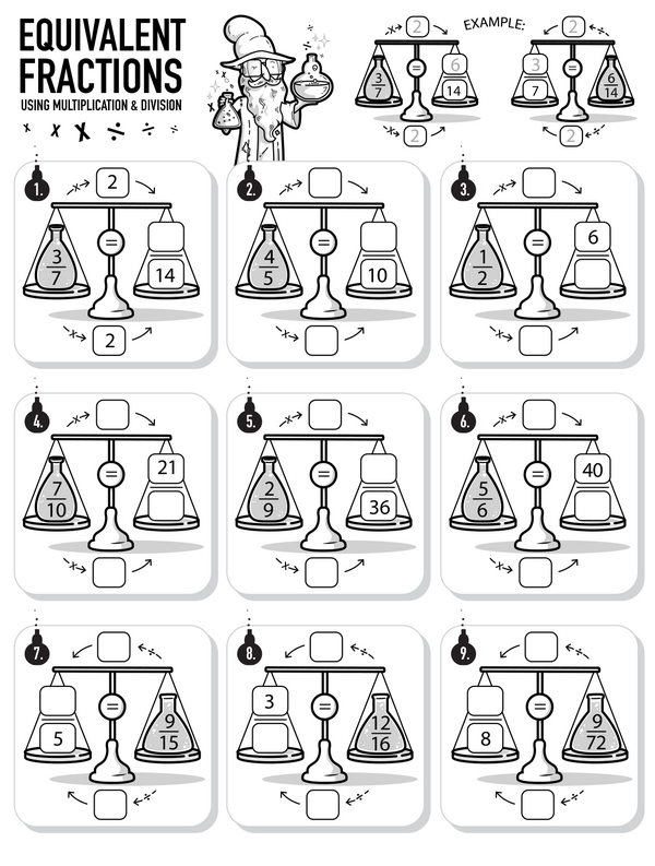 Fourth grade math worksheet for practicing equivalent fractions with multiplication and division exercises