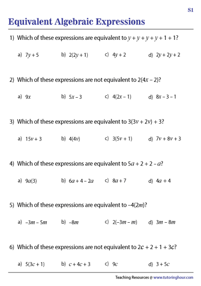 Identifying Equivalent Linear Expressions Practice Worksheet 12 Seventh grade math worksheet featuring problems for identifying equivalent linear expressions