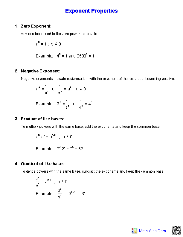 Worksheet featuring properties of exponents for eighth-grade geometry students