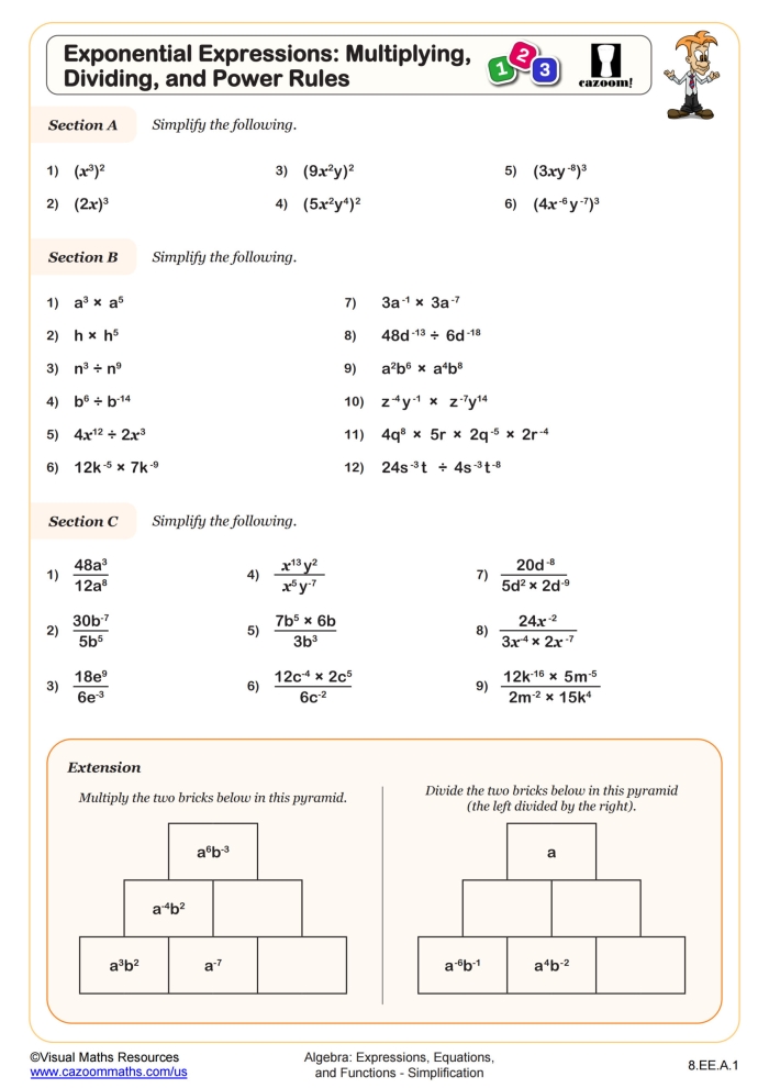Eighth grade math worksheet focusing on evaluating true or false exponent equations involving fractions
