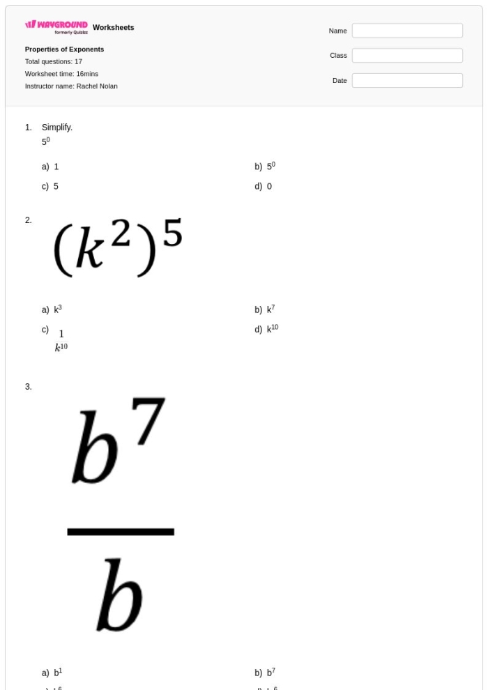 Eighth grade math worksheet focusing on evaluating true or false equations using exponent properties for fractions