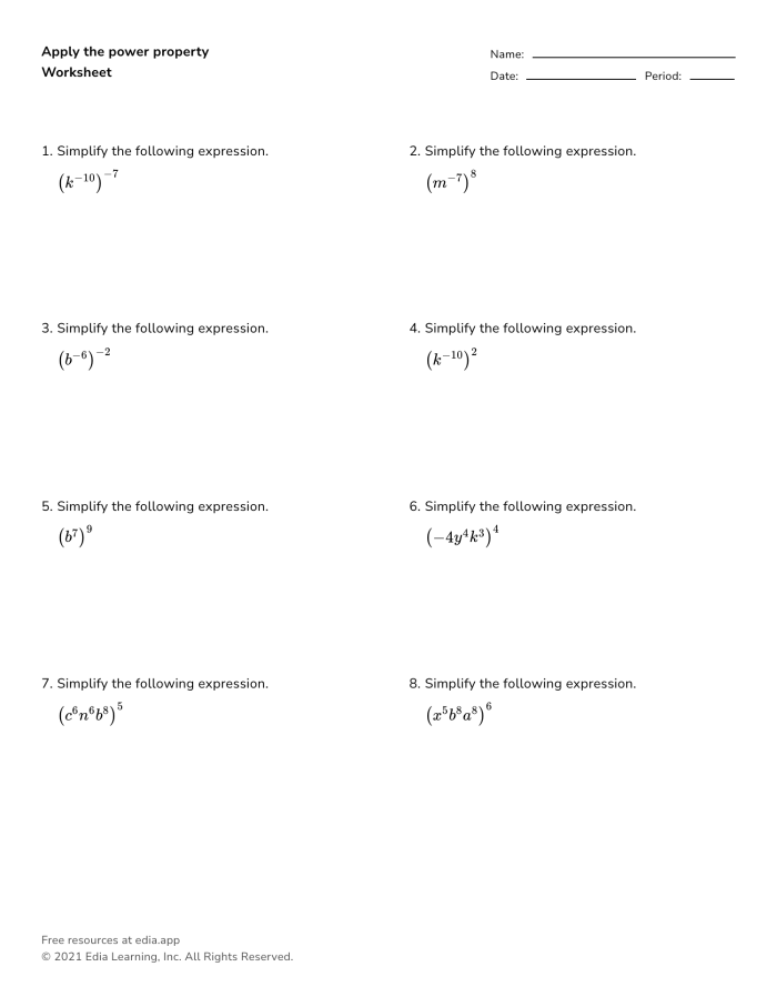 Eighth grade math student solving a Power of a Power worksheet with various exponent expressions