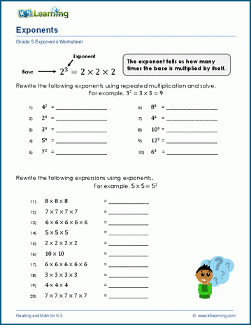 Worksheet for sixth graders on exponents and vocabulary terms
