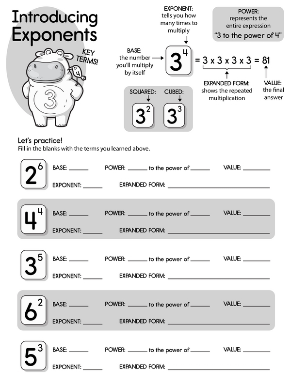 Worksheet showcasing key terms related to exponents for sixth-grade students