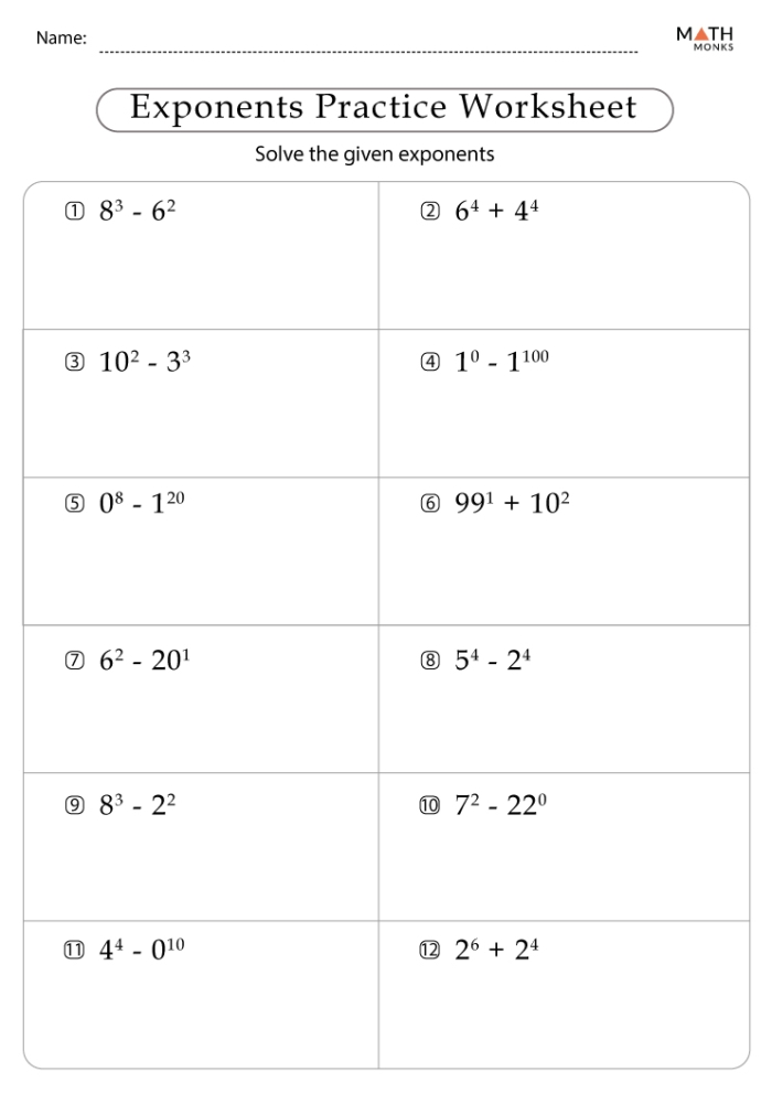 Sixth grade math worksheet featuring problems for students to practice evaluating exponents in physical science