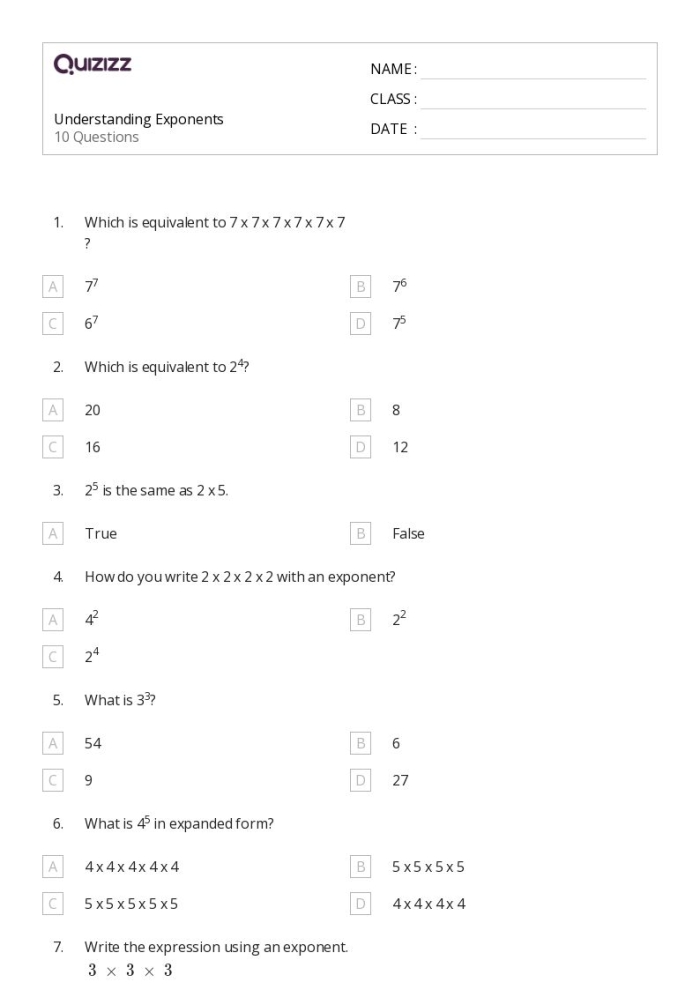 Sixth grade math worksheet explaining exponent terminology and key concepts