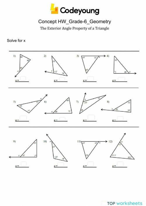 Eighth grade student solving for exterior angles of a triangle using the exterior angle theorem on a geometry worksheet
