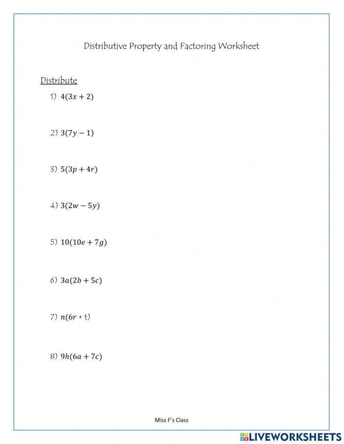 Seventh grade student completing a math worksheet on factoring linear expressions