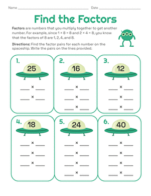 Fourth grade math worksheet showing multiplication problems for learning about factors and divisors