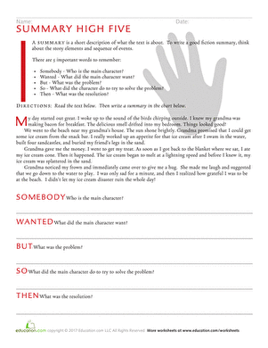 Summary High Five Reading Strategy for Third Grade Students A third grade student learning the Summary High Five method with five key elements for writing fiction summaries
