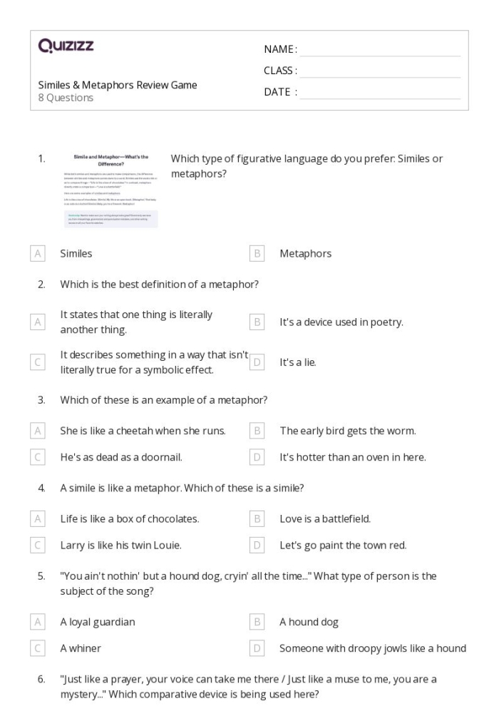 Review Metaphors and Similes Worksheet 9 for Fourth Grade Reading Fourth grade students practicing figurative language with a metaphors and similes worksheet