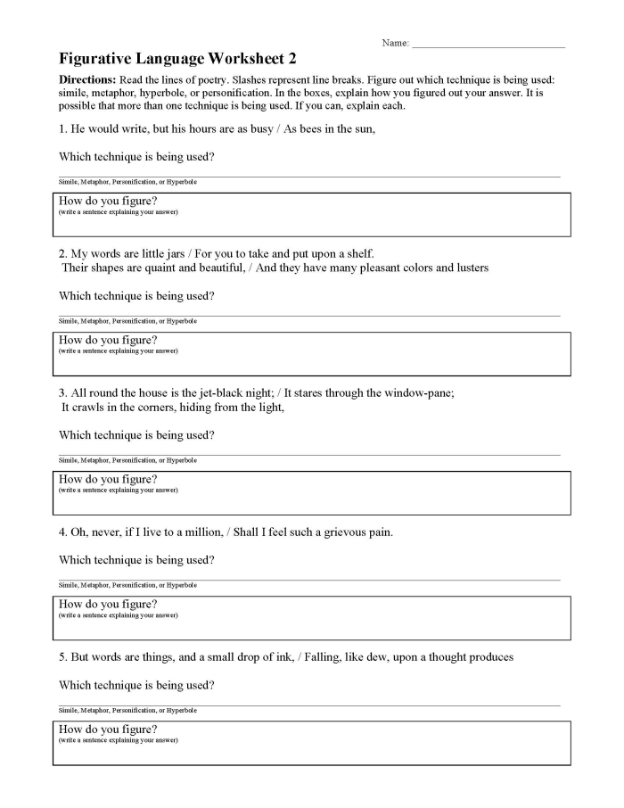 Colorful worksheet featuring eight types of figurative language for fifth graders