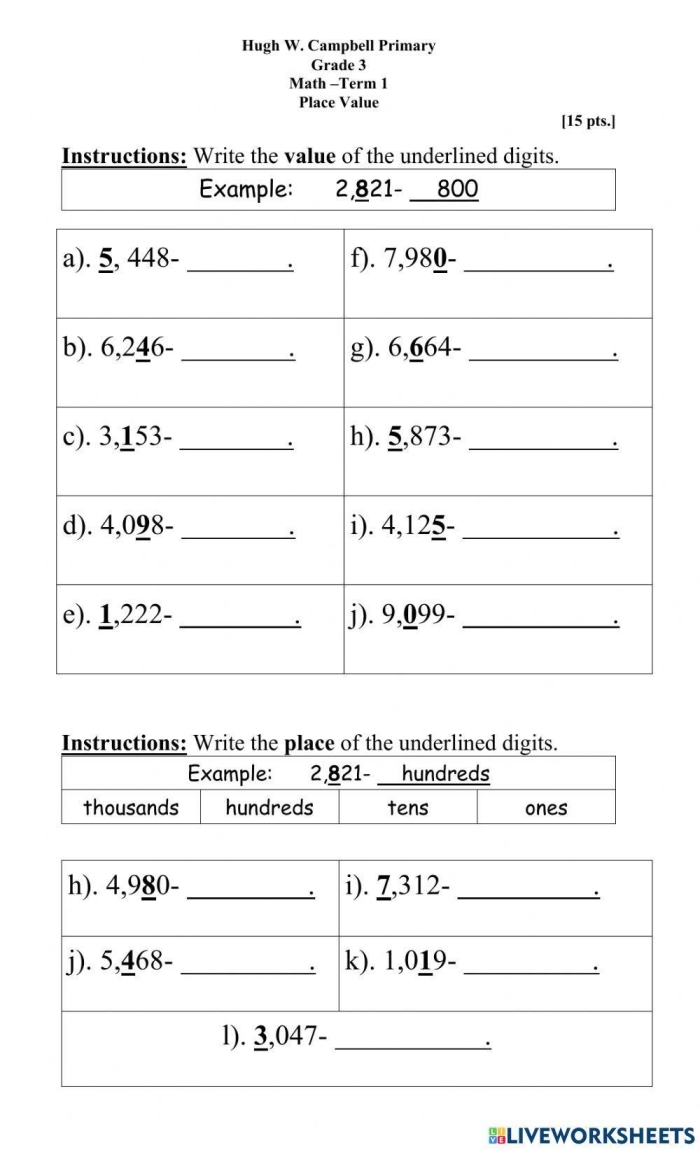 Fourth grade students practice identifying place values up to thousands with 15 math problems on this worksheet
