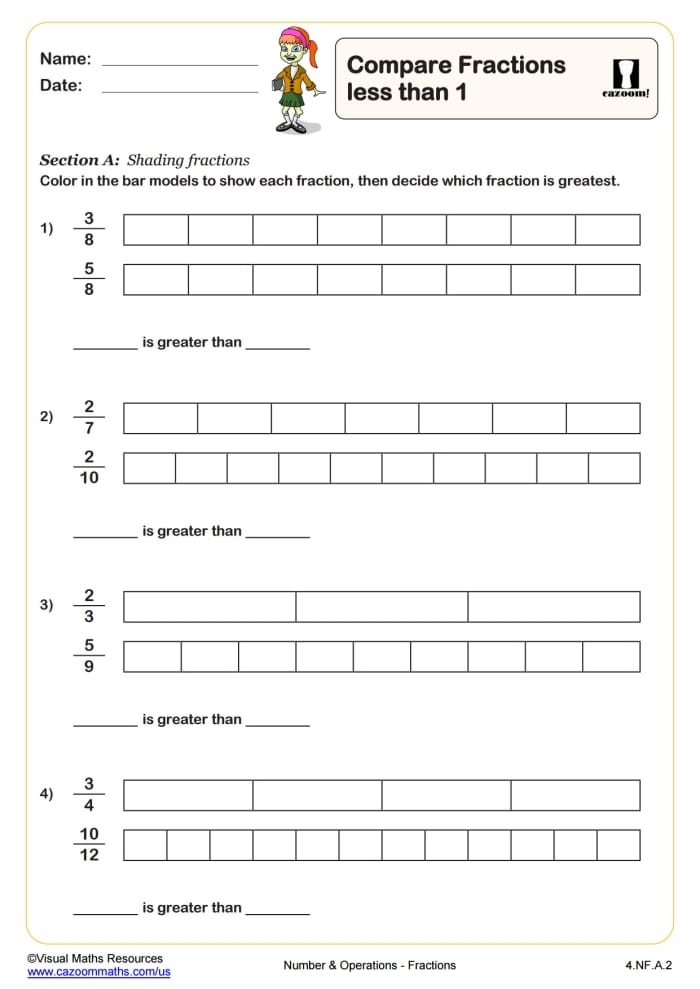 Fourth grade math worksheet featuring problems on comparing fractions with different denominators