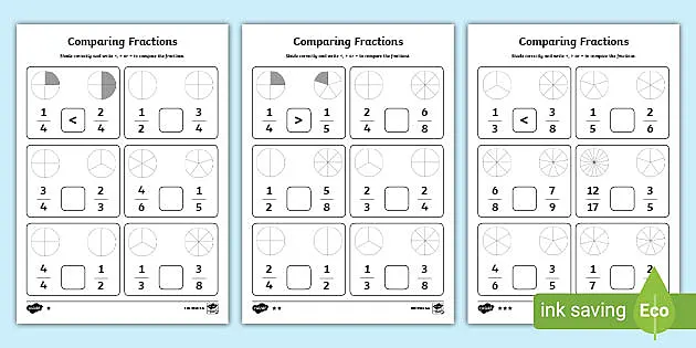 Worksheet for comparing fractions with greater than and less than symbols