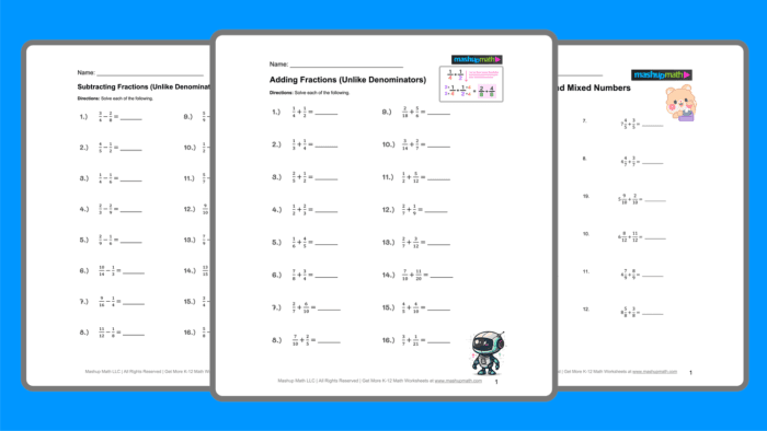 Adding and Subtracting Fractions Quiz Worksheet for Fourth Grade Part 2 Fourth grade math worksheet featuring problems for adding and subtracting fractions with like denominators