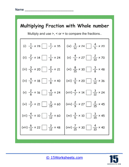 Fifth grade math worksheet showing multiplication problems with whole numbers and fractions for students to solve and practice