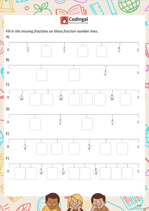 Label the Fractions on a Number Line educational activity image Worksheet for labeling fractions on a number line for third graders
