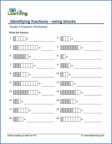 Third grade math worksheet featuring shaded shapes for practicing fraction writing skills