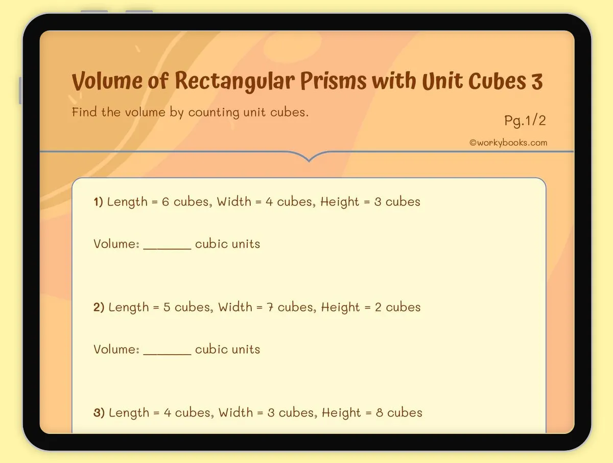 Worksheet for calculating the volume of rectangular prisms and cubes with fractions