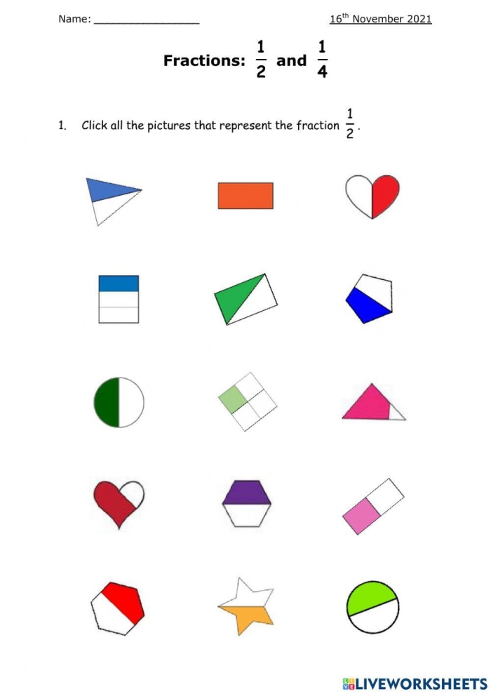 First grade math worksheet featuring shapes to color for practicing the fraction 1/4