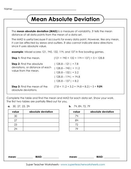 Sixth grade students solving mean absolute deviation problems with fraction data sets on a worksheet
