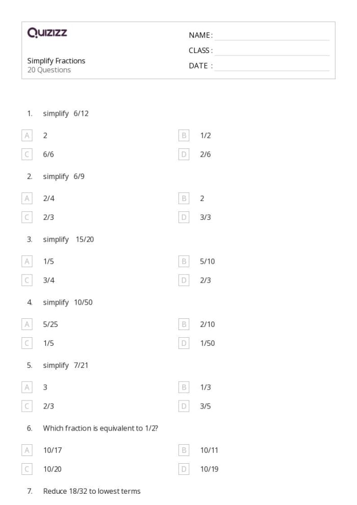 Engage with this fun fractions quiz to test your knowledge of simple fractions Fractions Quiz worksheet for third graders featuring multiple choice questions
