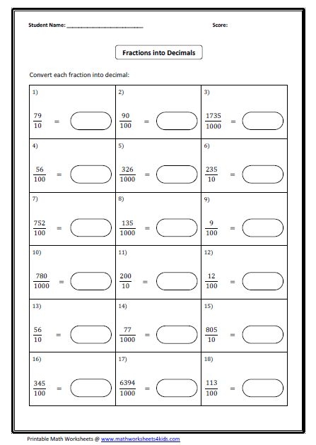Worksheet featuring exercises on converting fractions to decimals for fourth graders