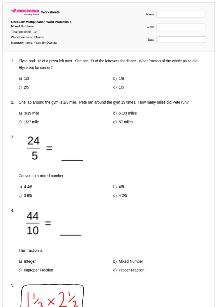 Worksheet for assessing third-grade students' understanding of fractions of a whole