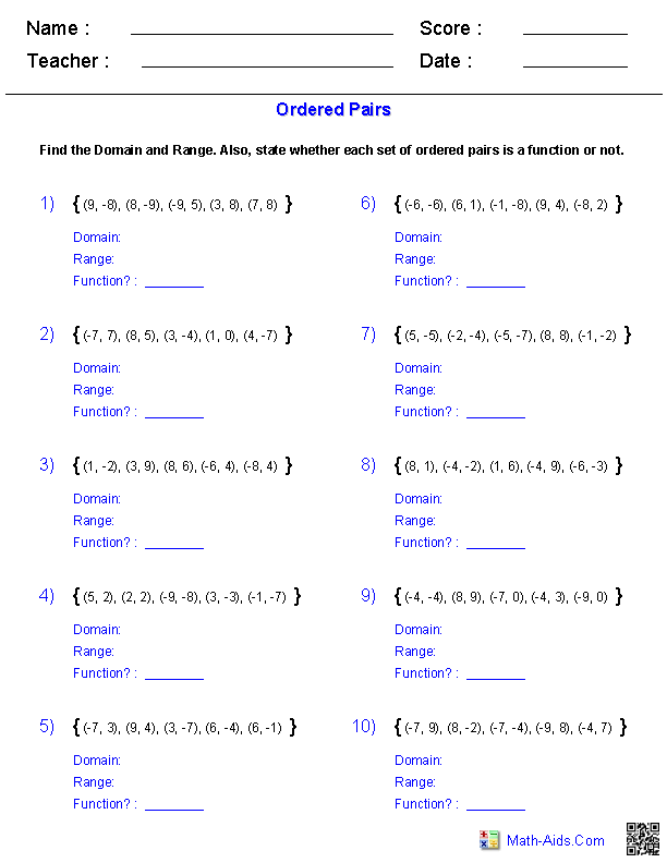 Identify Functions From Ordered Pairs Worksheet Five Eighth grade algebra worksheet for identifying functions using sets of ordered pairs
