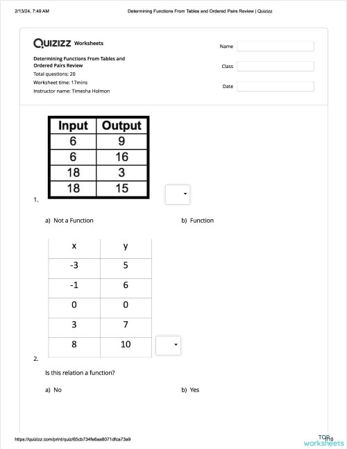 Identify Functions From Tables Worksheet Number 3 Eighth grade math worksheet focusing on determining if a relationship is a function based on input and output table values