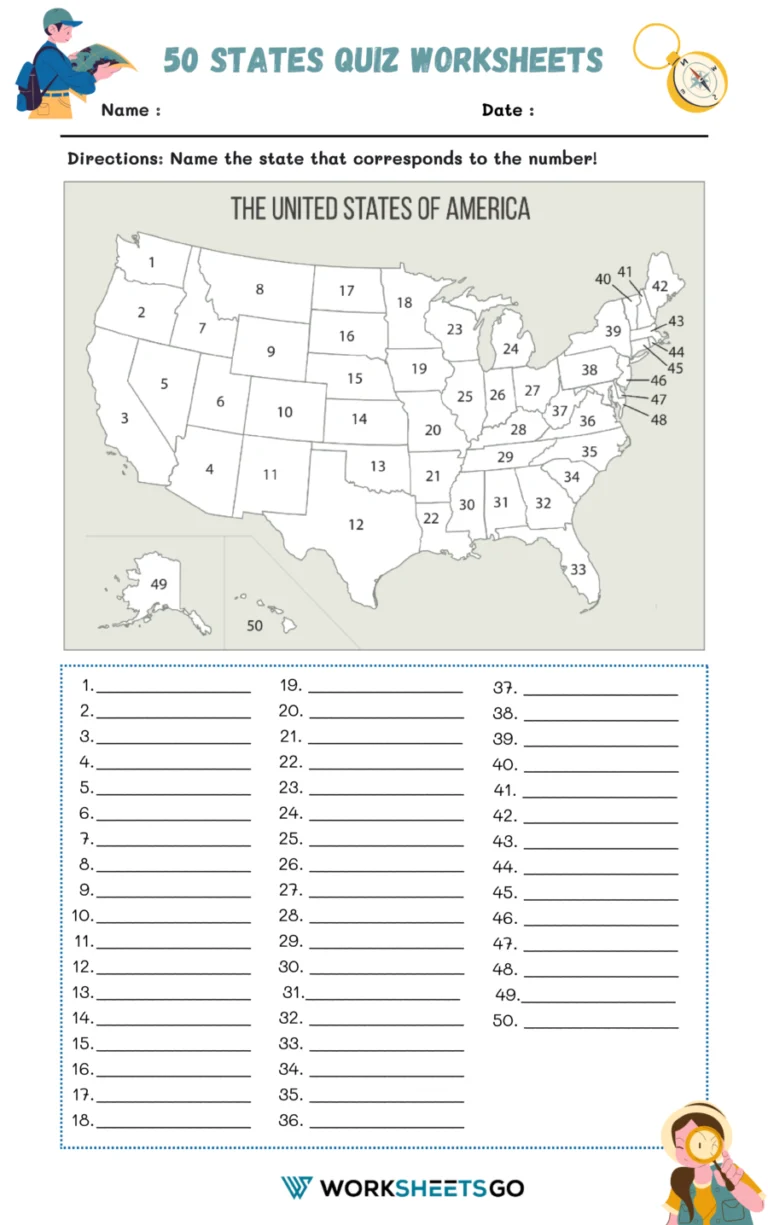 Printable 50 States Quiz worksheet for fourth graders studying geography