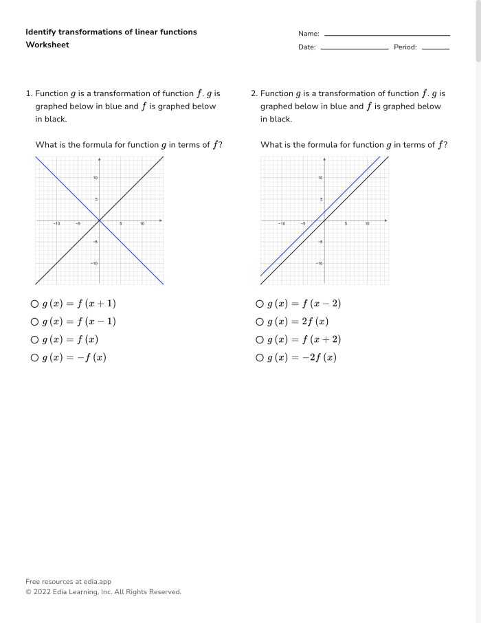 Eighth grade geometry worksheet featuring two triangles on a coordinate plane for transformation practice