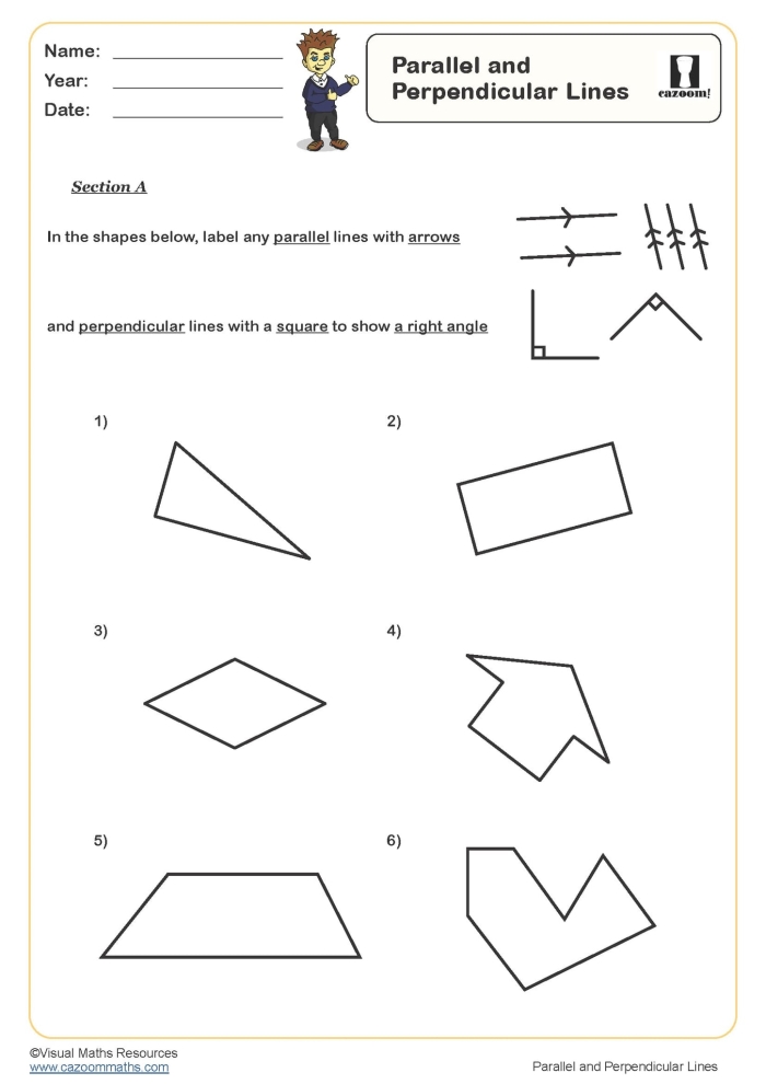 Parallel and Perpendicular Lines Practice Activity 6 Fourth grade geometry worksheet showing examples of parallel and perpendicular lines for students to identify and practice