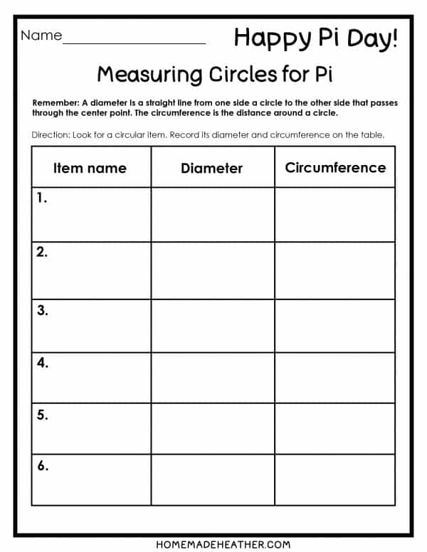 Educational resource for understanding the irrational number Pi in geometry Worksheet on the concept of Pi featuring geometric shapes and formulas