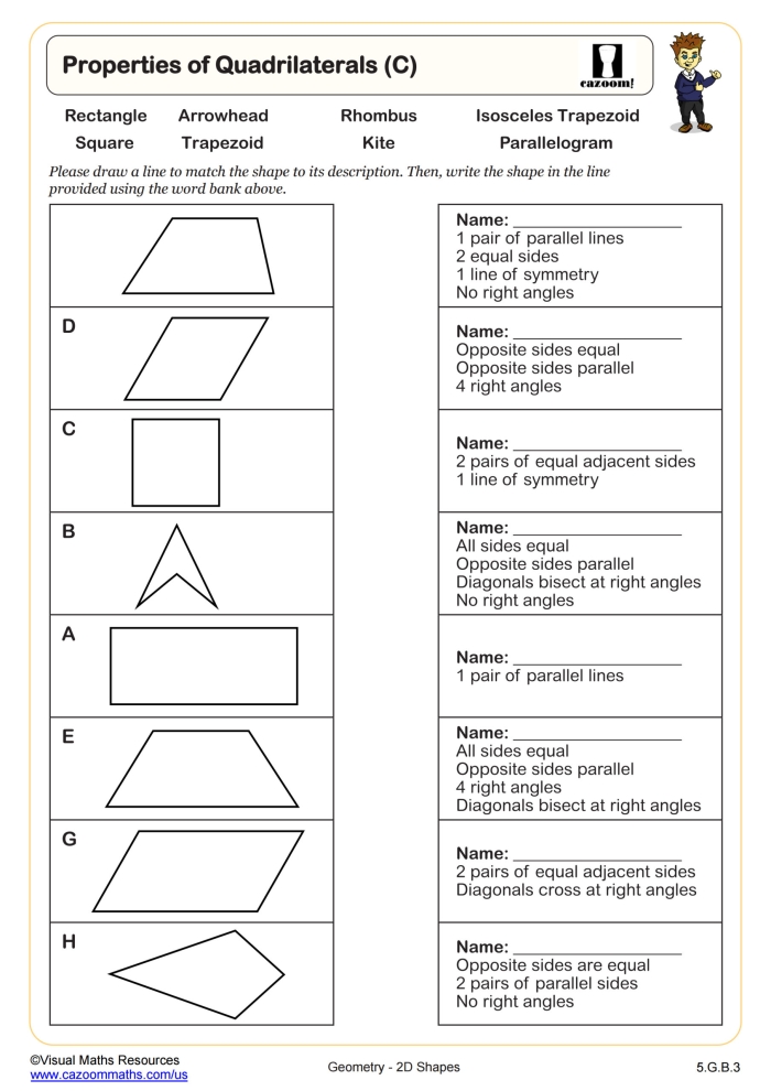 Worksheet image showcasing various quadrilaterals with missing angles for geometry practice