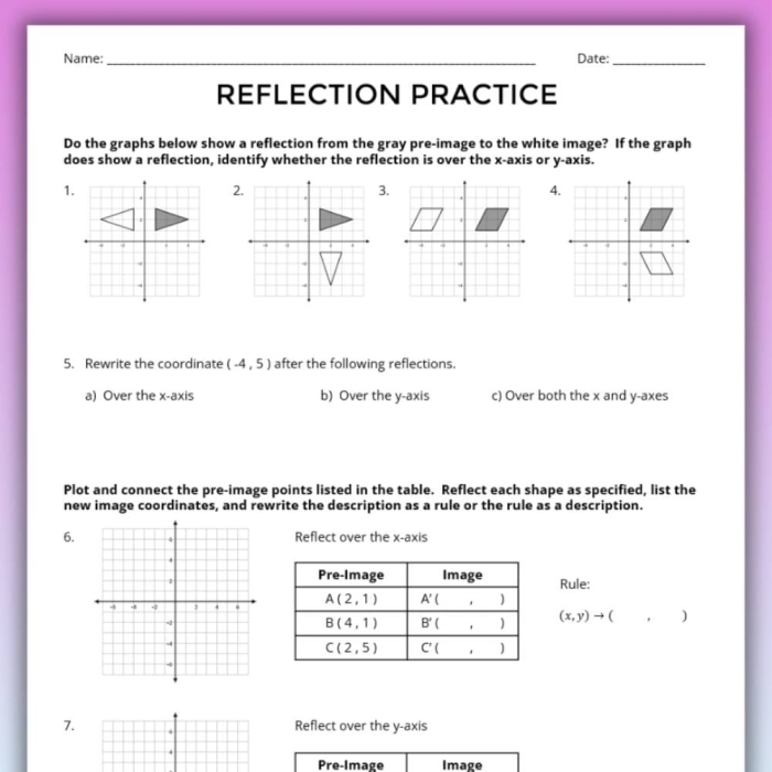 Eighth grade student worksheet featuring geometry exercises on performing reflections of geometric shapes across a coordinate plane