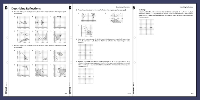 Worksheet on Describing Reflections for eighth-grade students Eighth-grade geometry worksheet focused on reflections in the coordinate plane