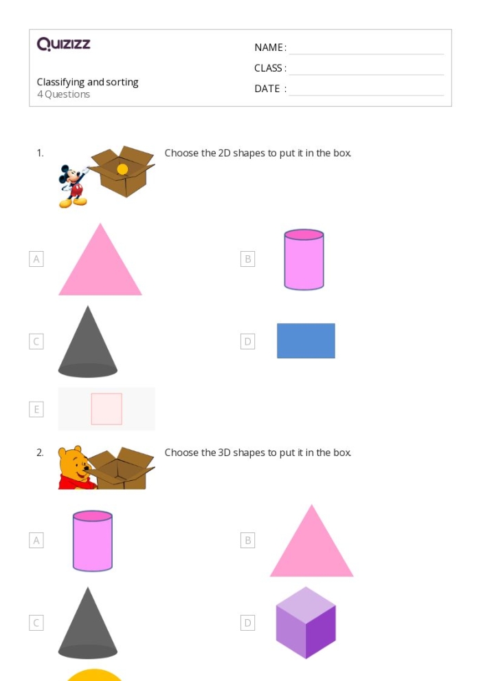Third grade geometry worksheet showing polygon shapes sorted by their characteristics and sides for shape categorization practice