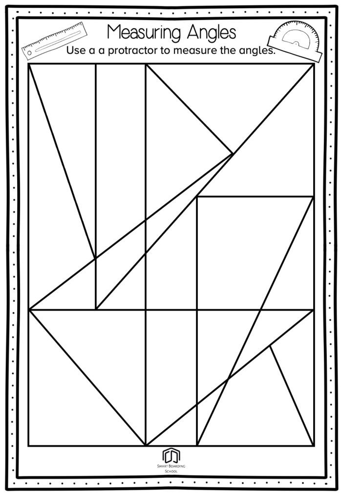 Students measuring angles with a protractor in a geometry worksheet for fourth grade