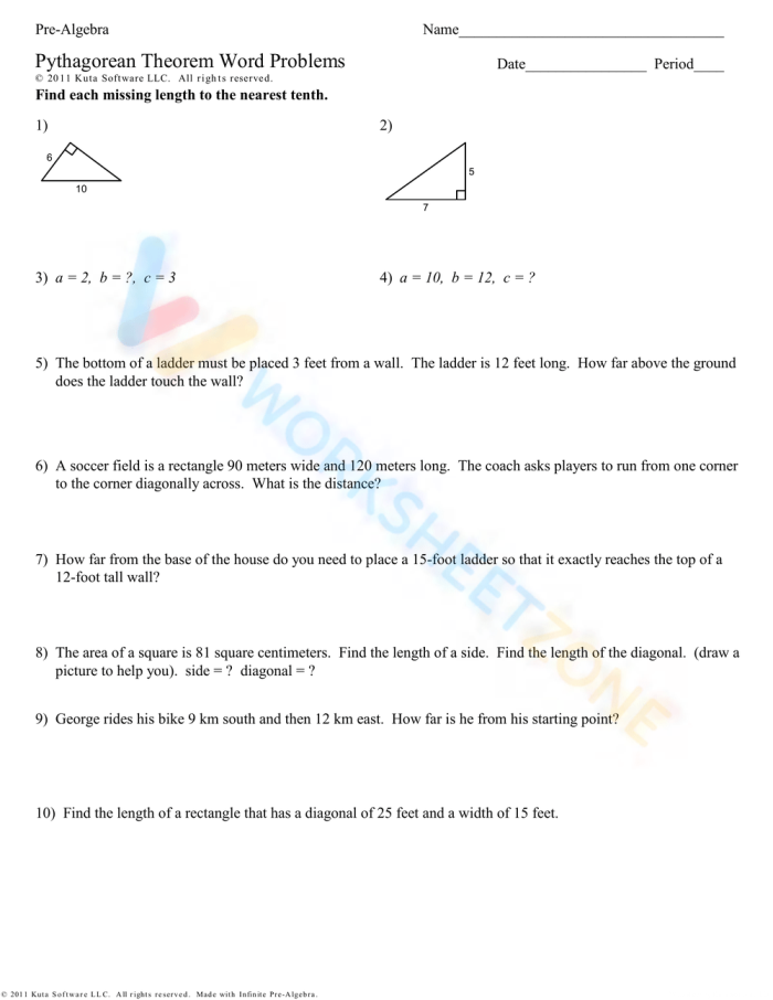 Eighth grade students practice solving real-world geometry scenarios using this Pythagorean theorem word problems worksheet