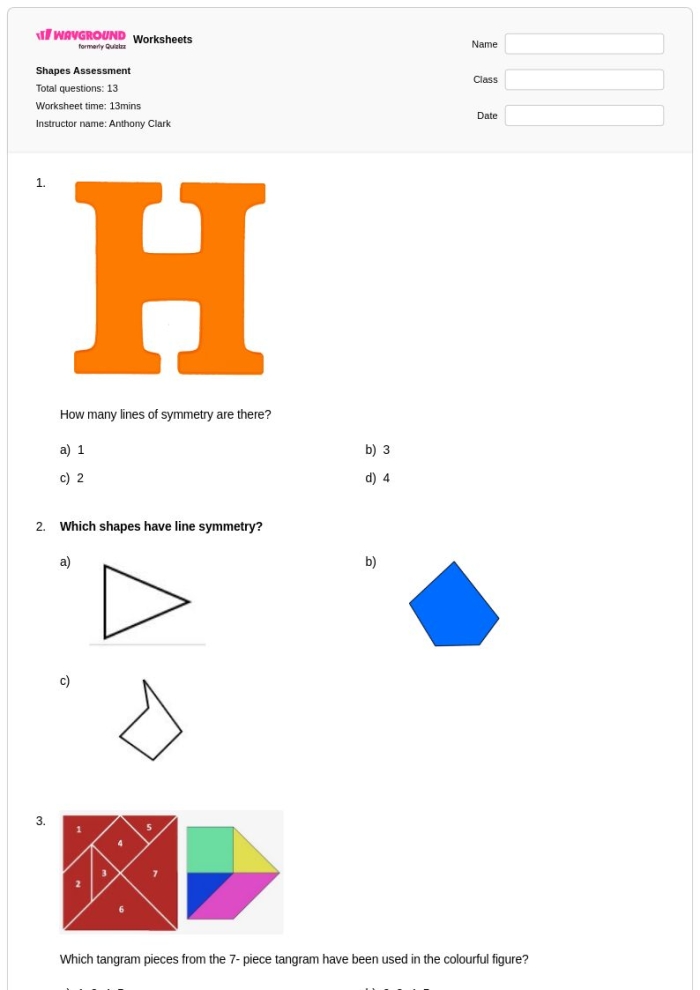 Second grade geometry worksheet covering line segments and symmetry