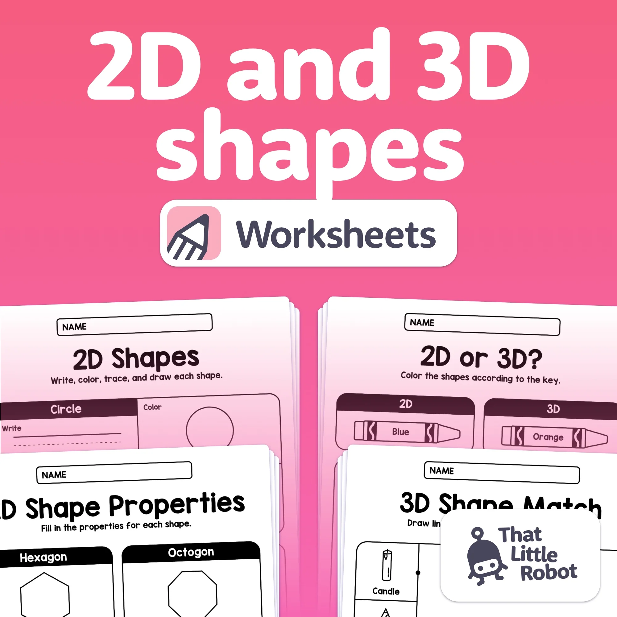 First grade worksheet featuring 2D and 3D shapes for geometry practice
