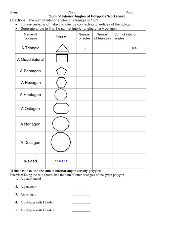Geometry Review Angles and Polygons Worksheet Image 14 Fifth grade geometry worksheet showing angle types, triangle classifications, and polygon shapes for review and practice
