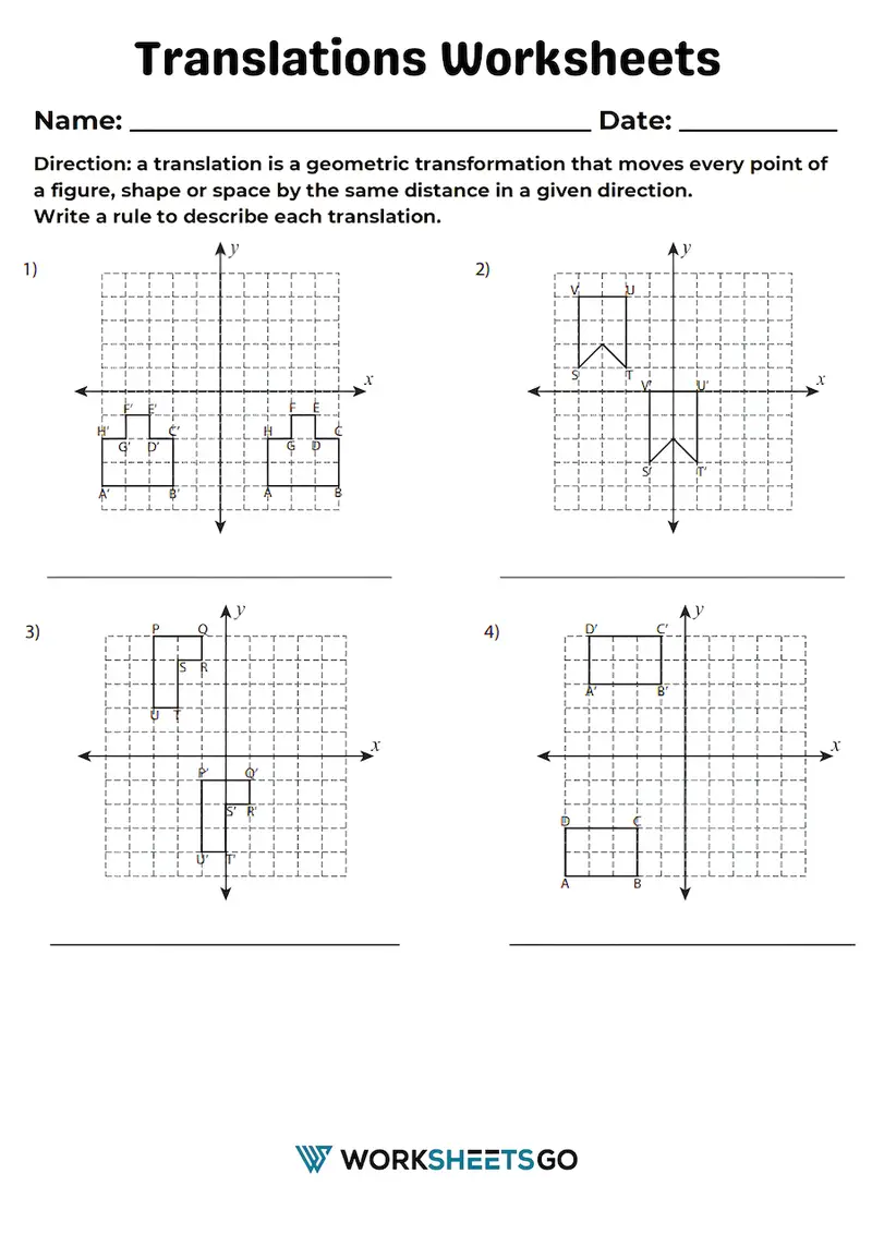 Describing Translations worksheet for mixed operations in eighth-grade math Eighth-grade geometry worksheet focused on understanding translations on the coordinate plane