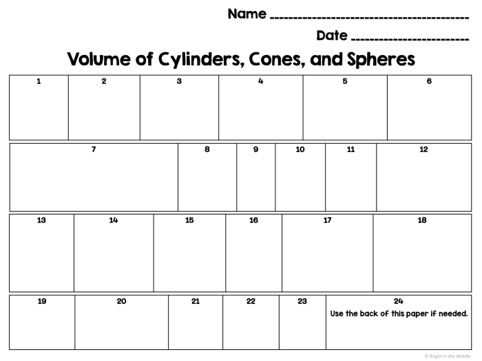 Eighth grade geometry handout explaining how to calculate the volume of cylinders, cones, and spheres