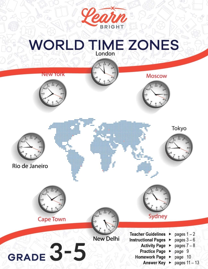 Third grade worksheet about calculating time differences across global time zones