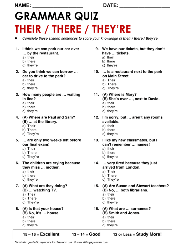 Homophone practice worksheet for fourth graders featuring context clues Worksheet for understanding the difference between their, there, and they're in sentences