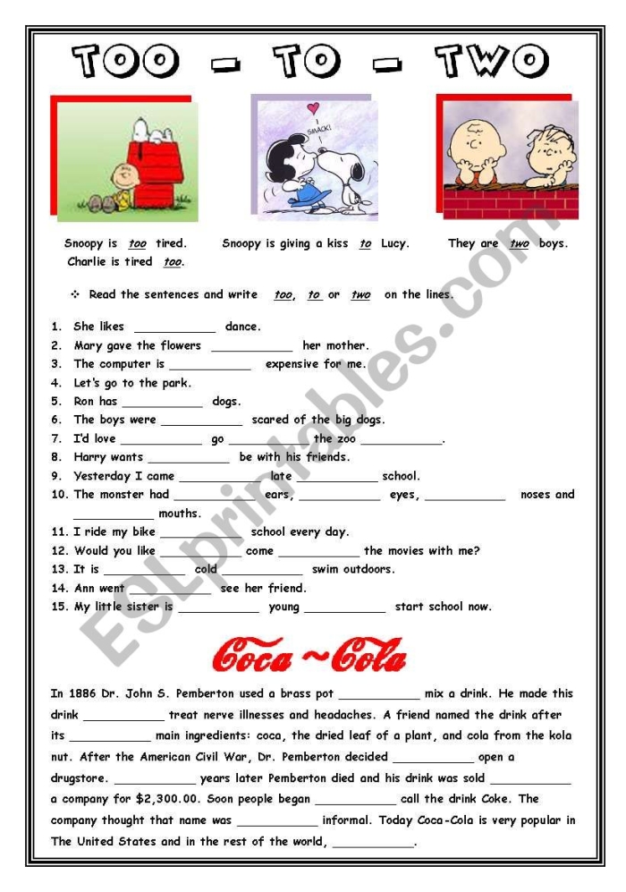 First grade worksheet for practicing the homophones to too and two using context clues